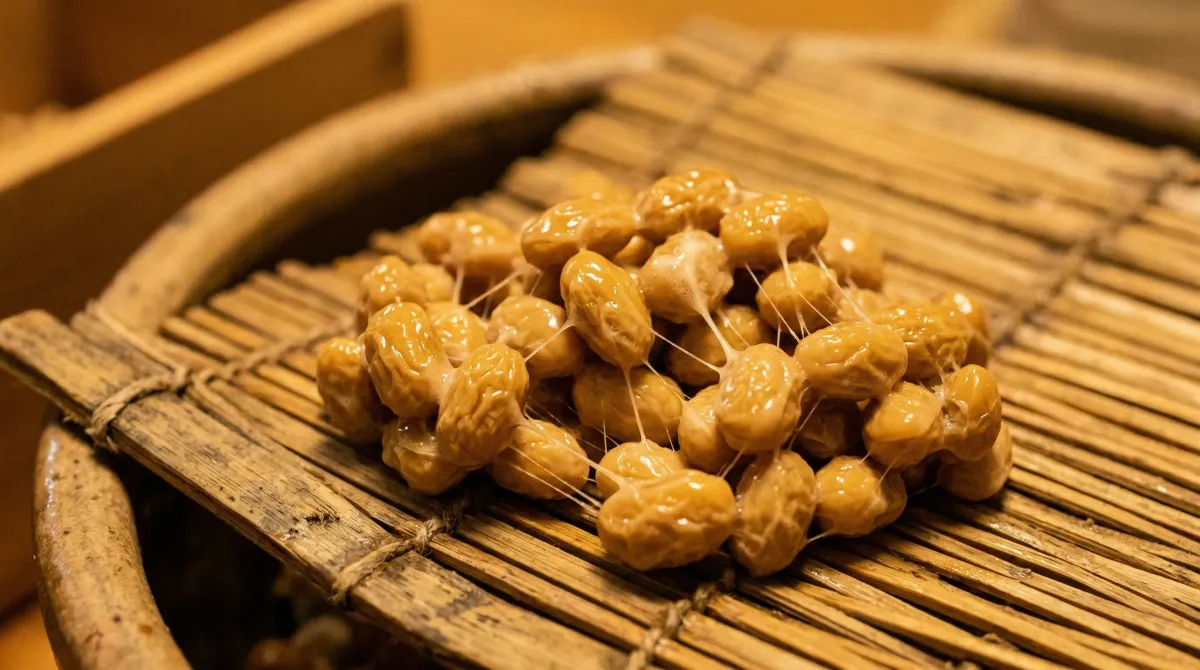 Close-up of golden fermented soybeans during the natto fermentation process with Bacillus subtilis cultures