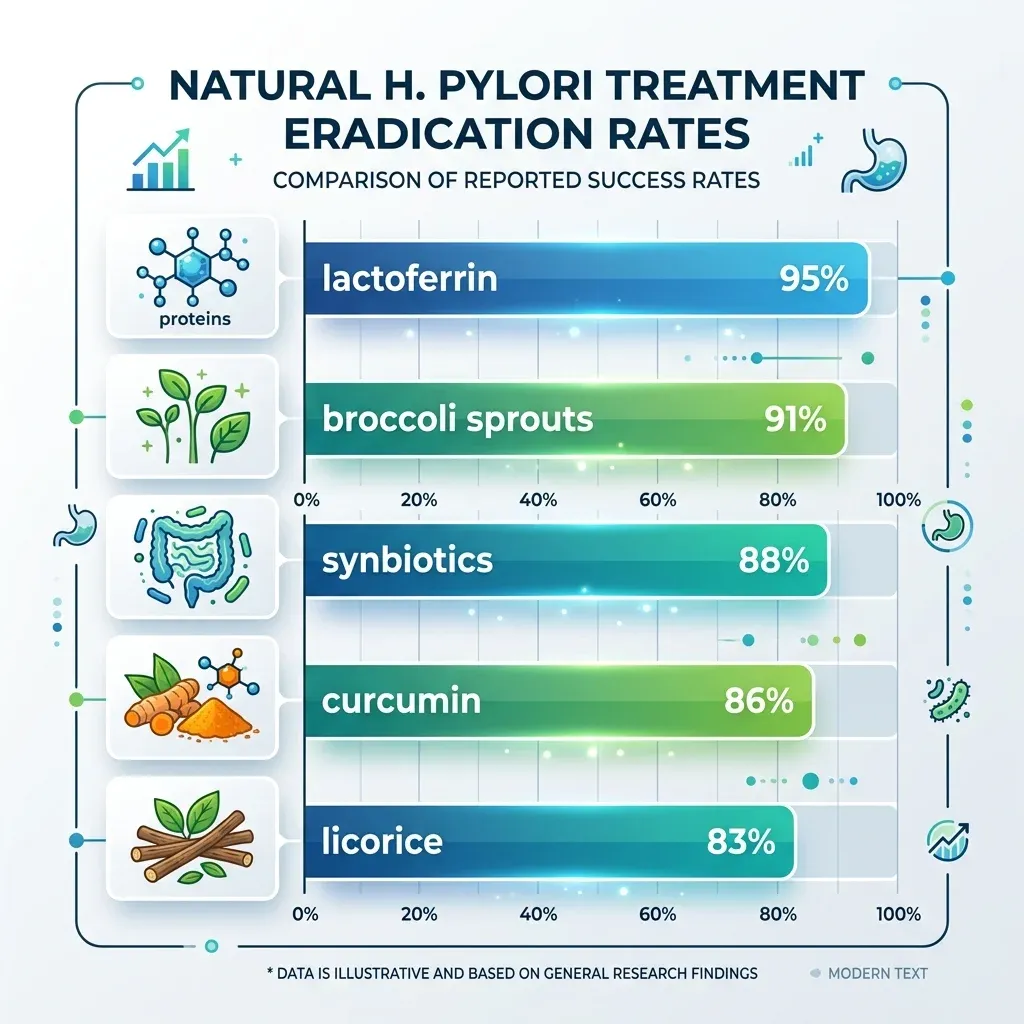 Infographic comparing eradication rates of natural compounds combined with standard triple therapy