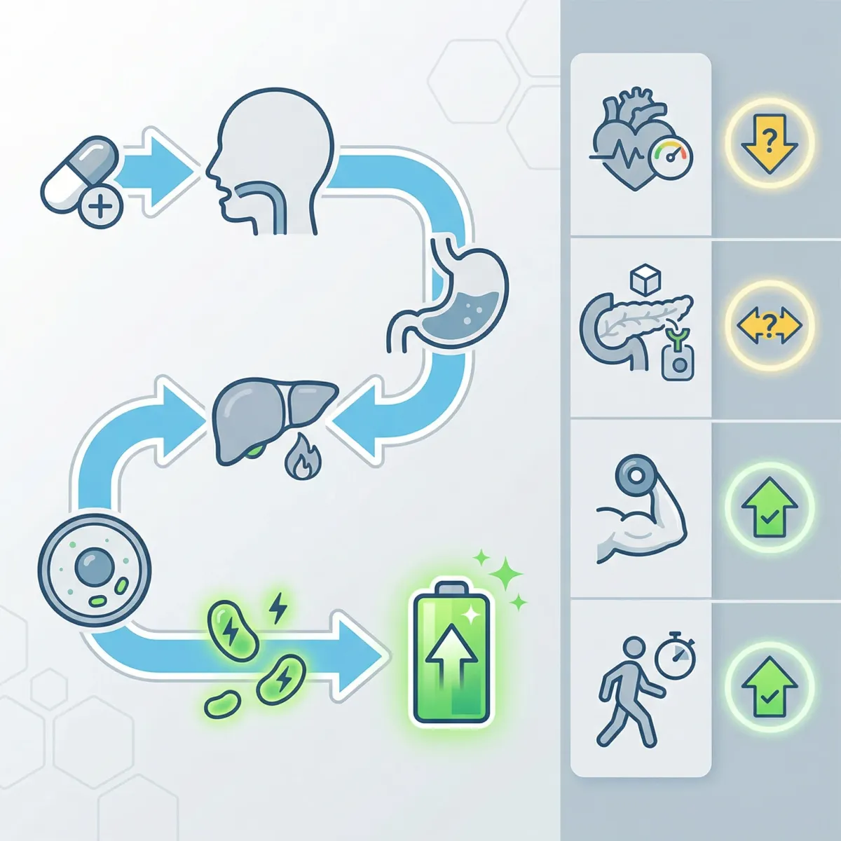 Infographic-style summary showing pathway activation with mixed outcome signals across metabolism, muscle, and endurance