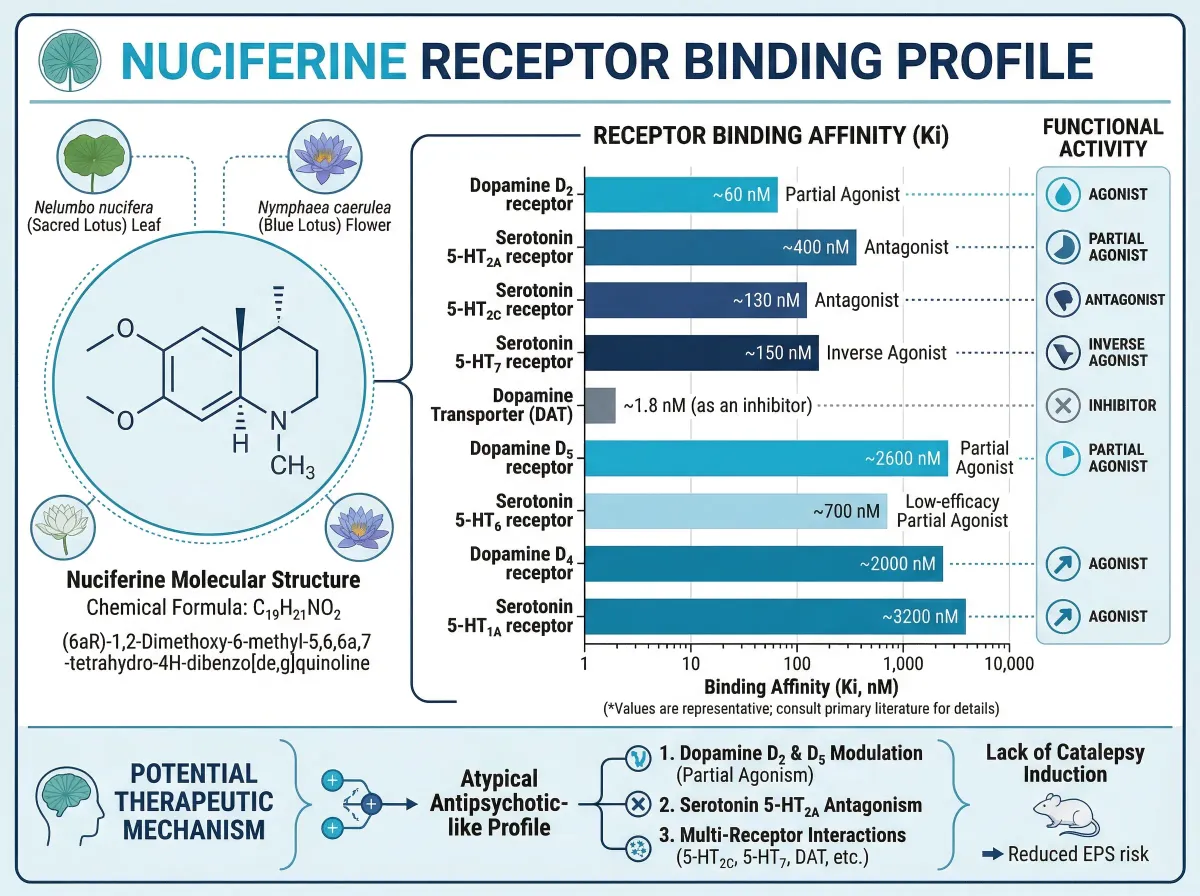 Infographic showing nuciferine receptor binding profile across dopamine and serotonin receptors