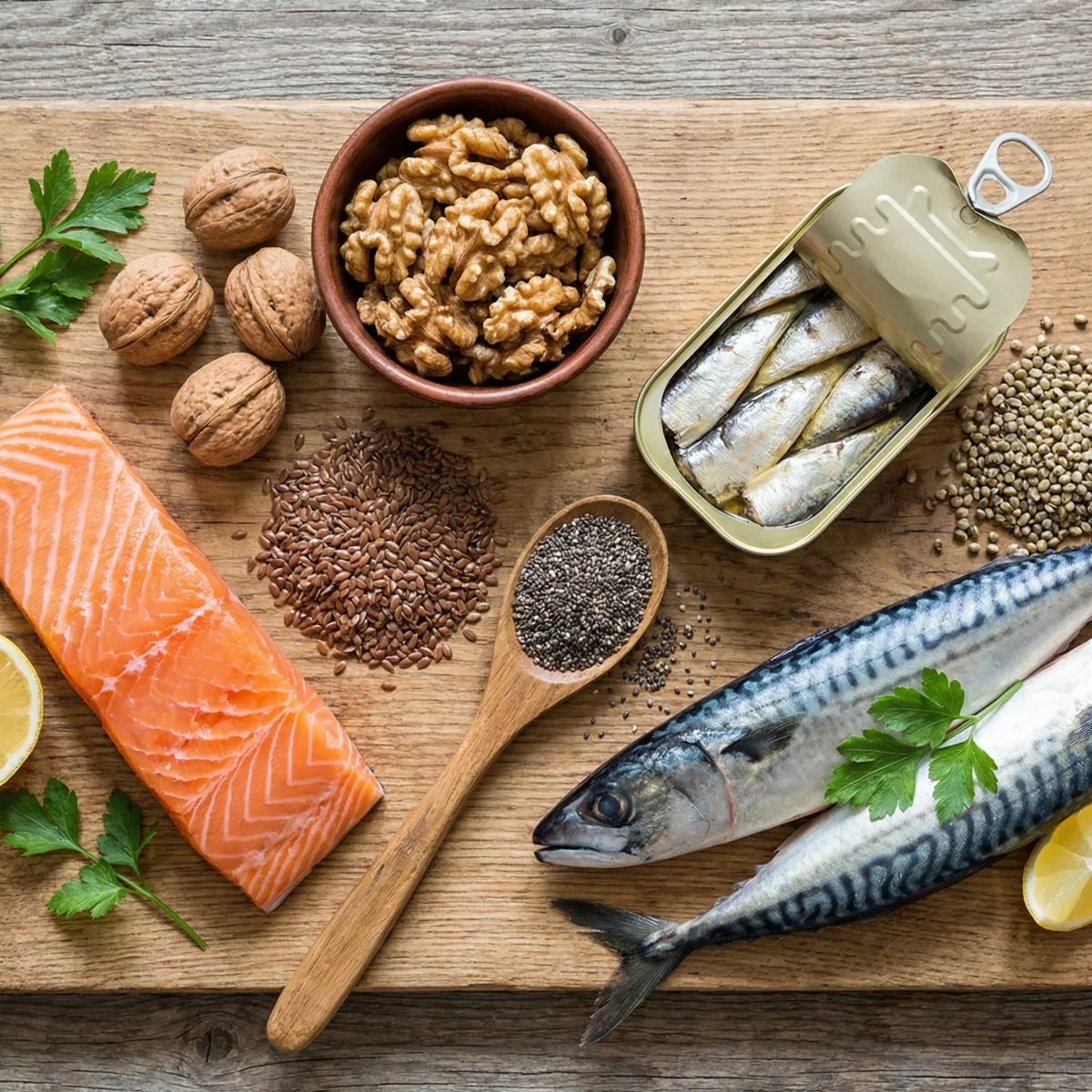 Variety of omega-3 rich foods arranged on a wooden board including salmon walnuts flaxseeds and chia seeds