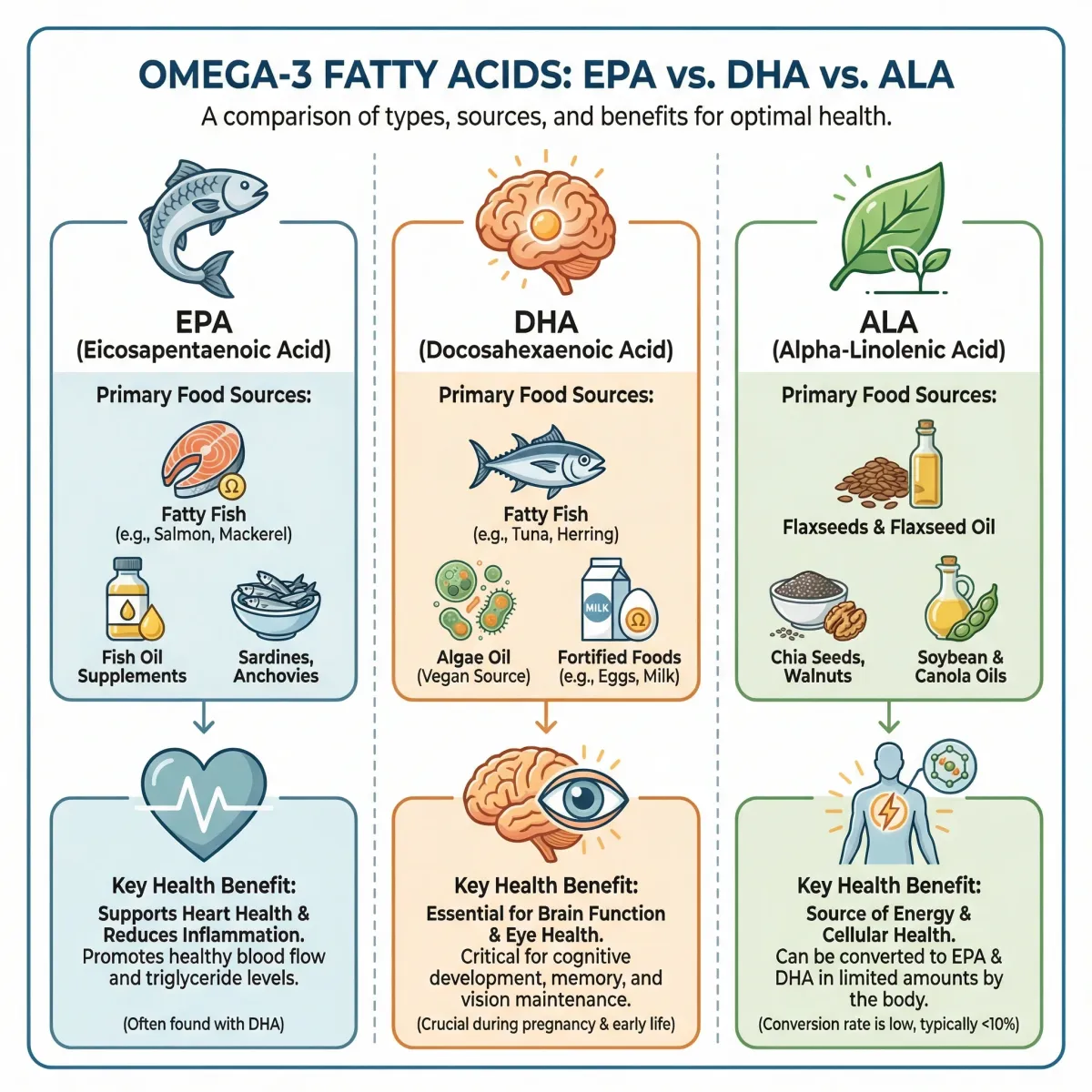 Infographic comparing the three omega-3 types EPA DHA and ALA with their food sources and biological roles