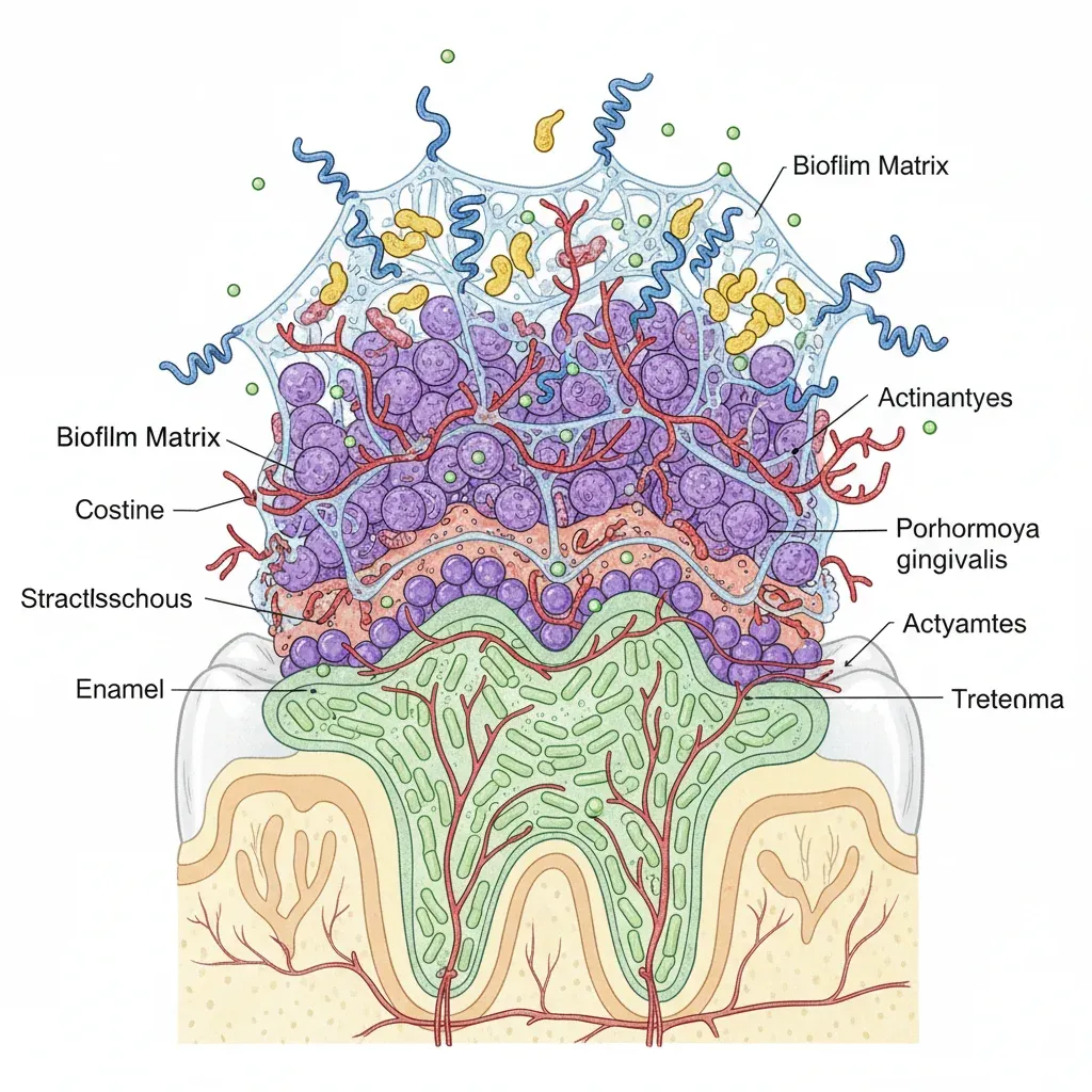 Illustration of bacterial biofilm layers forming on a tooth surface with multiple species interacting