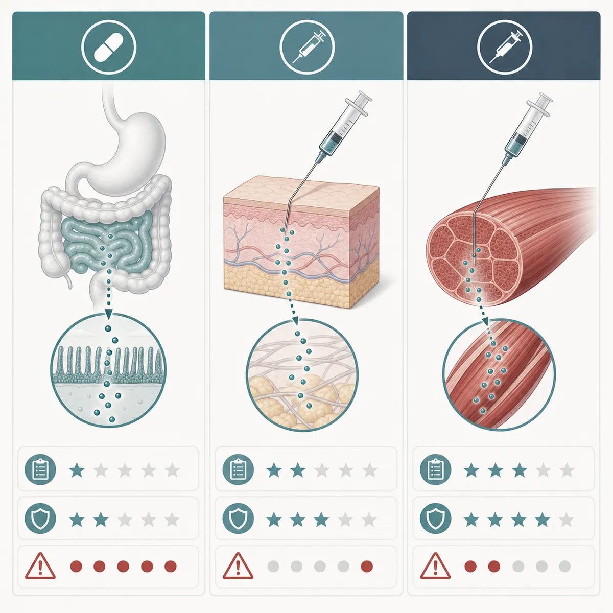 Infographic comparing oral and injectable BPC-157 route considerations