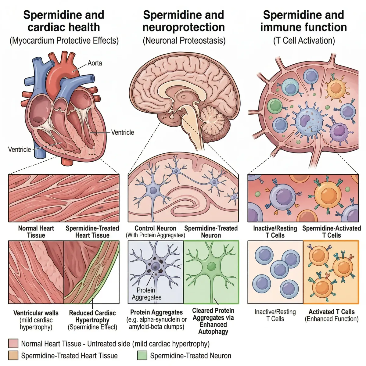 Cross-section illustrations of heart, brain, and immune cells with highlighted areas showing spermidine protective effects
