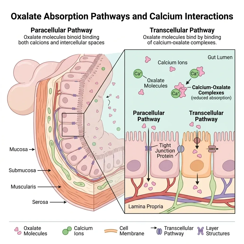 Diagram showing oxalate absorption through intestinal wall via paracellular and transcellular pathways