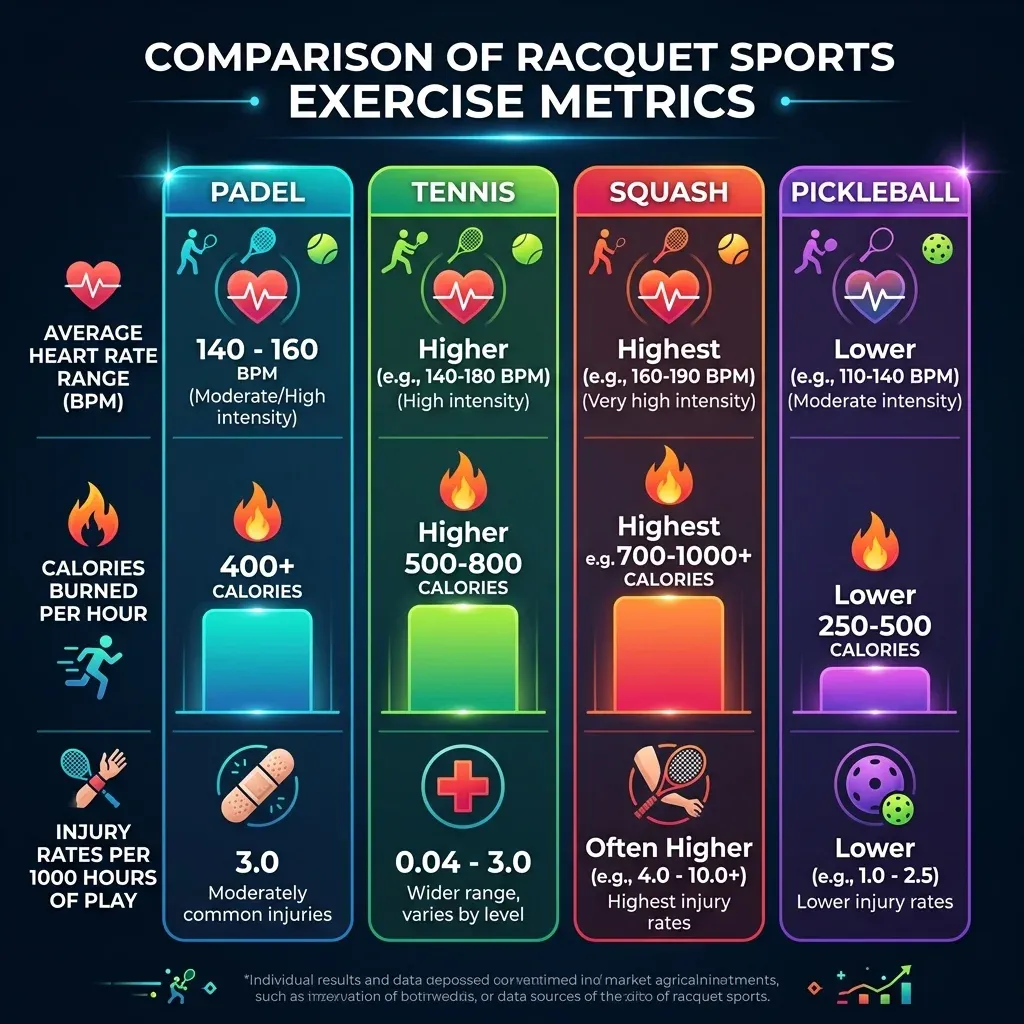 Infographic comparing padel's heart rate, calorie burn, and injury rates against tennis, squash, and pickleball
