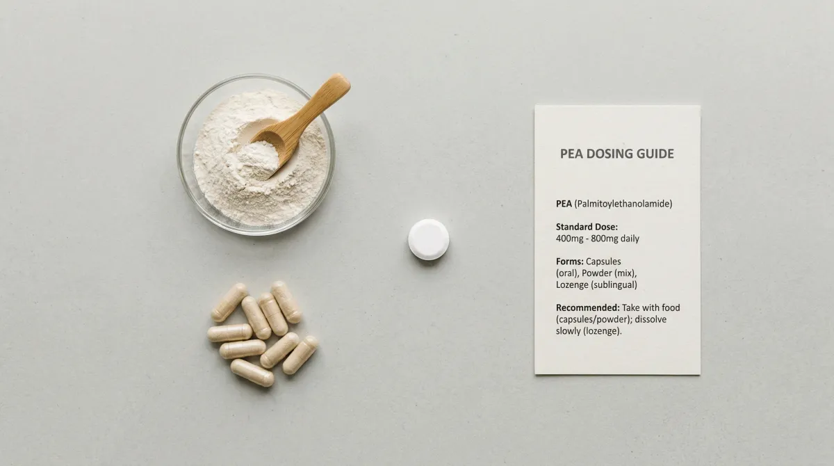 Different PEA supplement forms including capsules, powder, and sublingual lozenge