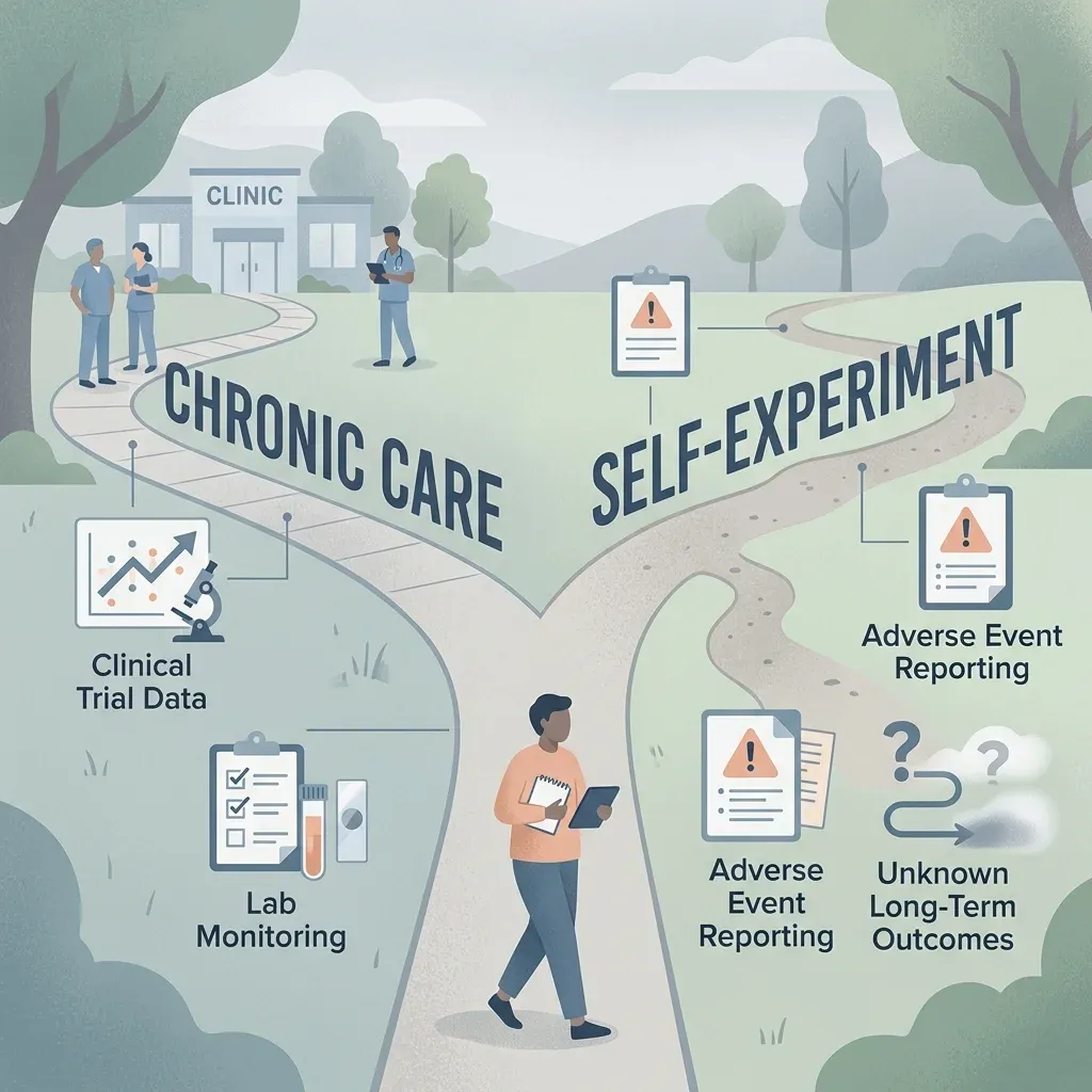 A forked-road illustration contrasting chronic care with unmonitored peptide self-experimentation