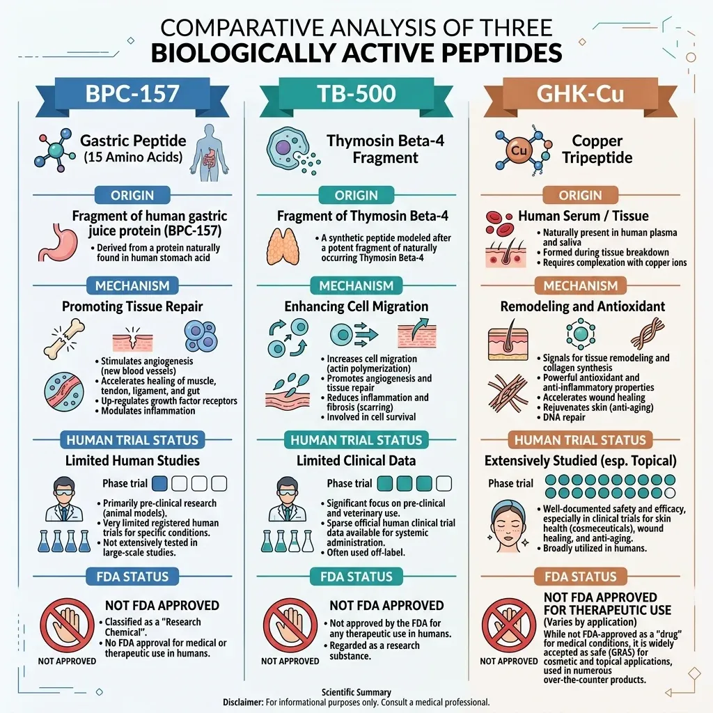 Comparison infographic showing BPC-157, TB-500, and GHK-Cu origins, mechanisms, and regulatory status