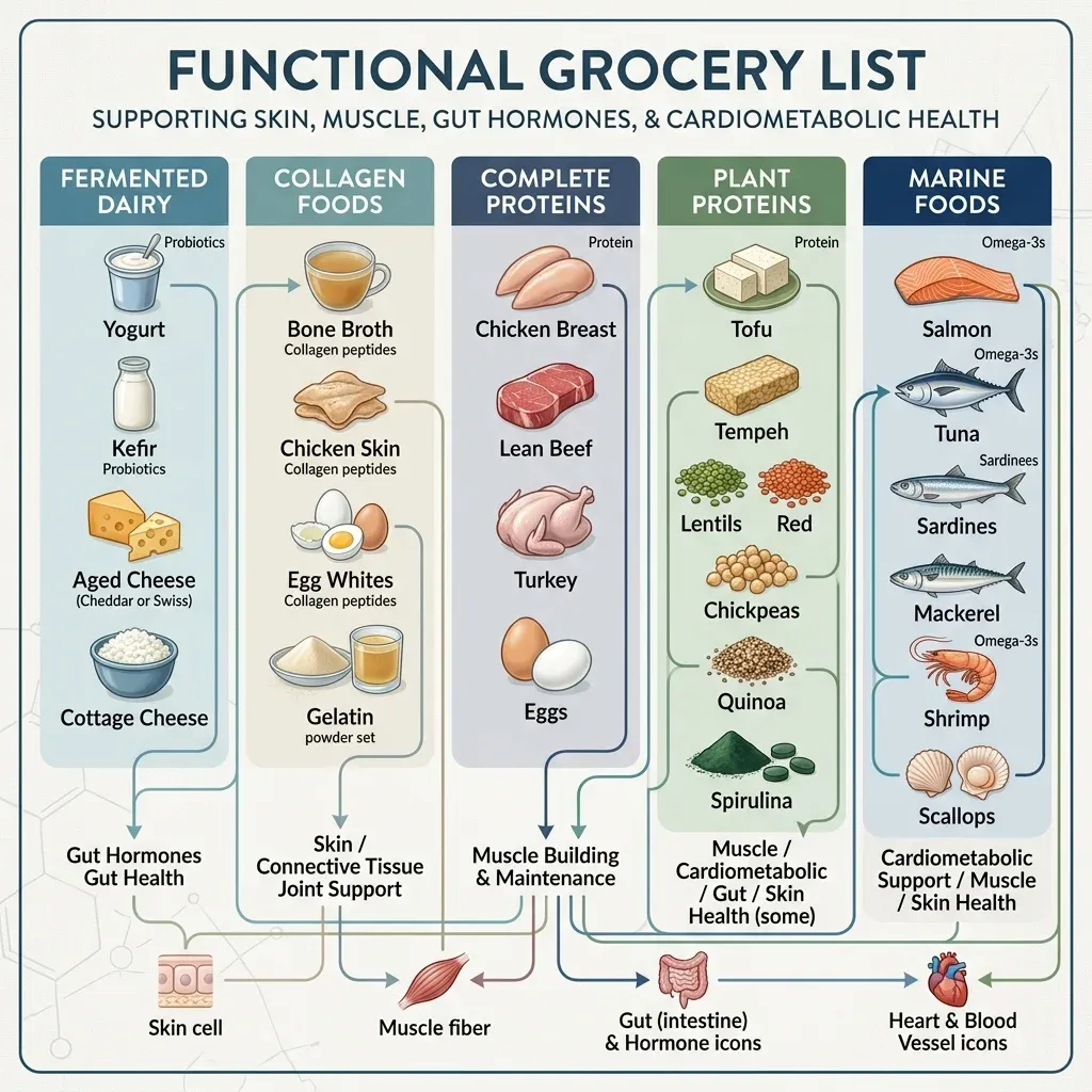 Infographic grouping peptide-supporting groceries by food category and support pathway