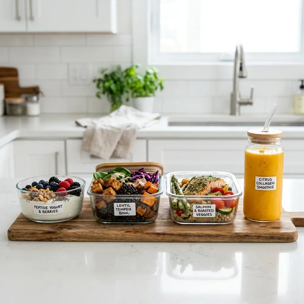 Four prepared peptide-inspired meals with protein, fiber, fermented foods, fish, and collagen support