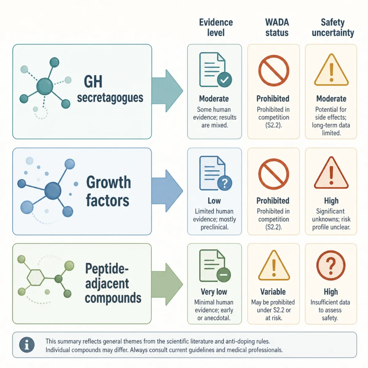 Infographic sorting bodybuilding peptide claims by mechanism, evidence, and risk