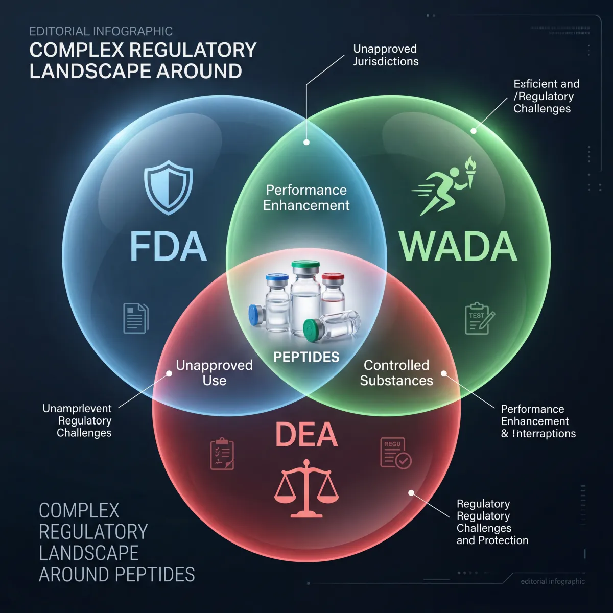 Visual overview of peptide regulatory categories showing FDA, WADA, and DEA classification differences