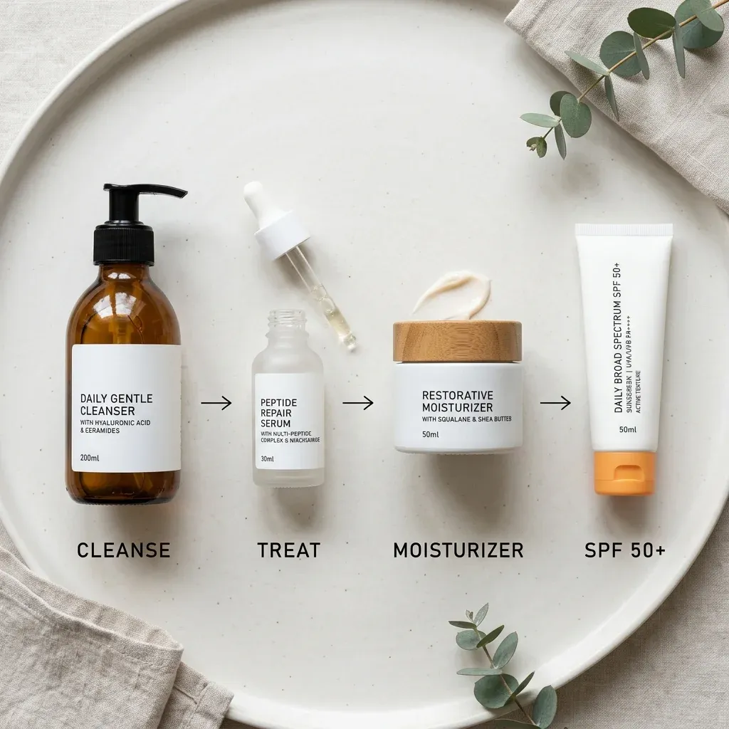 Peptide routine order from cleansing to serum, moisturizer, and SPF