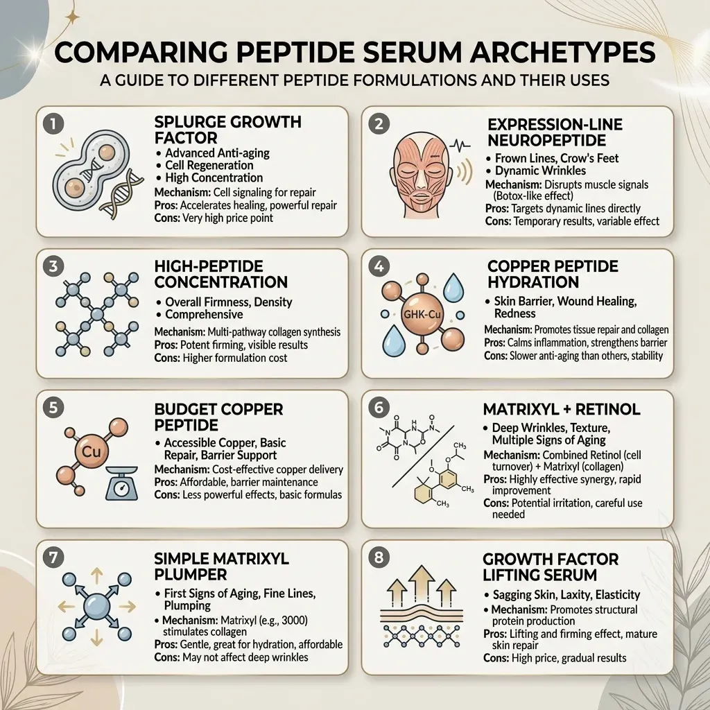 Infographic comparing peptide serum archetypes and best-fit skin goals