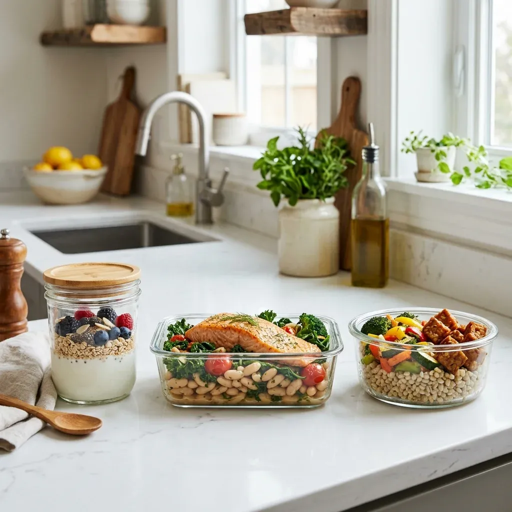 Three practical meals combining protein, fermented foods, fiber, and plants