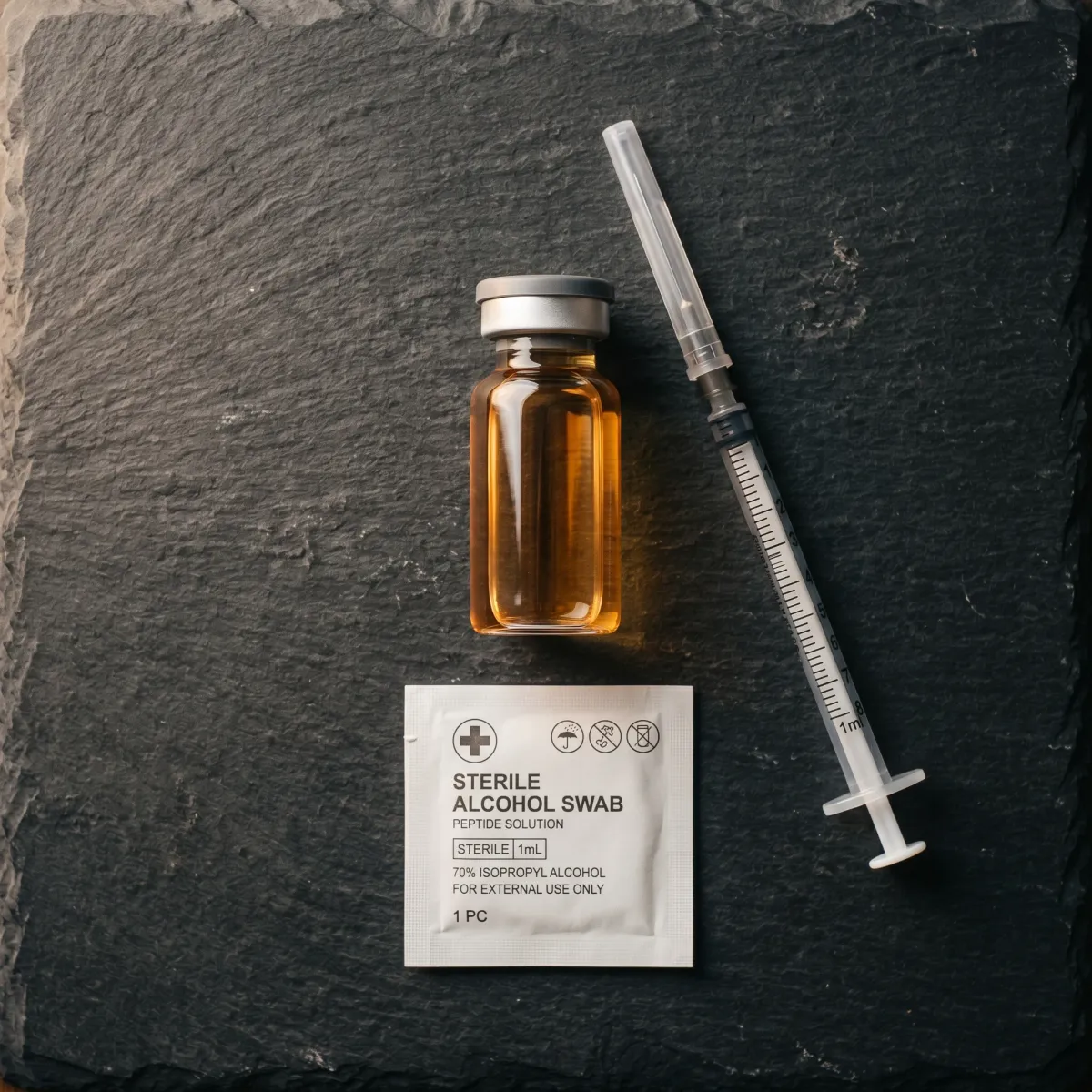 Unbranded peptide vial and reconstitution syringe on a stone surface, illustrating off-label peptide therapy