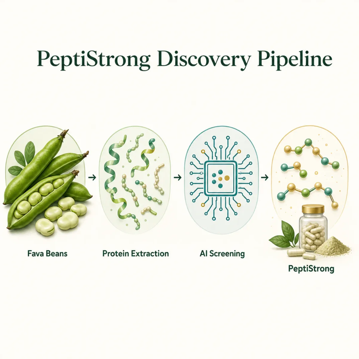 Infographic showing how PeptiStrong was discovered from fava beans by AI peptide screening, identifying two bioactive peptide sequences and producing three clinical-trial outcomes