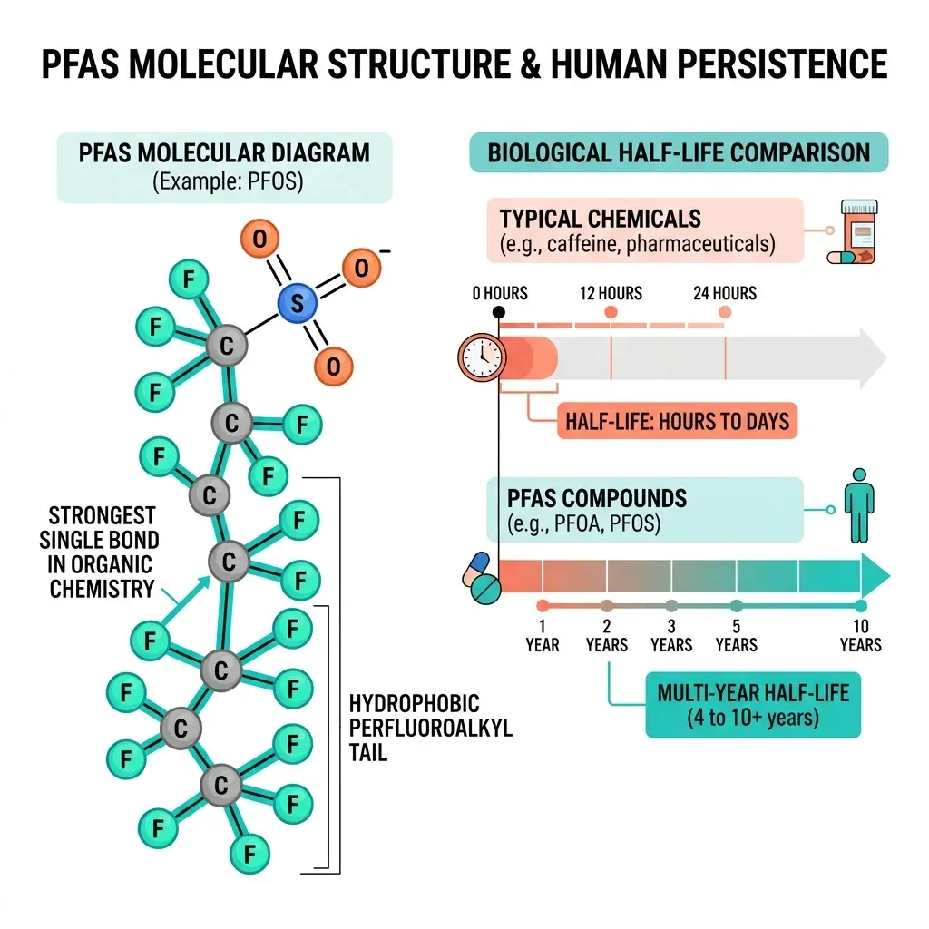 Diagram comparing the multi-year half-life of PFAS molecules in the human body to the hours-long clearance of typical chemicals