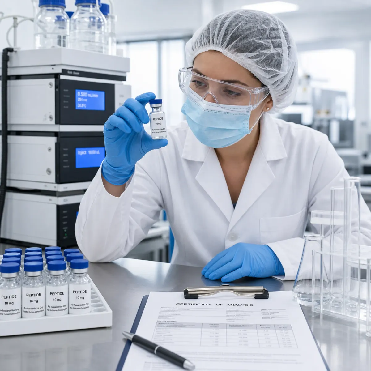 Pharmaceutical laboratory quality testing of peptide compounds for purity and safety