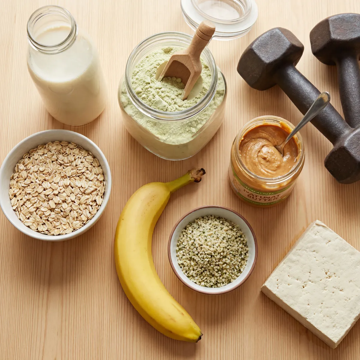 Plant-based sports nutrition setup with soy milk, oats, seeds, tofu, and dumbbells on a bright surface