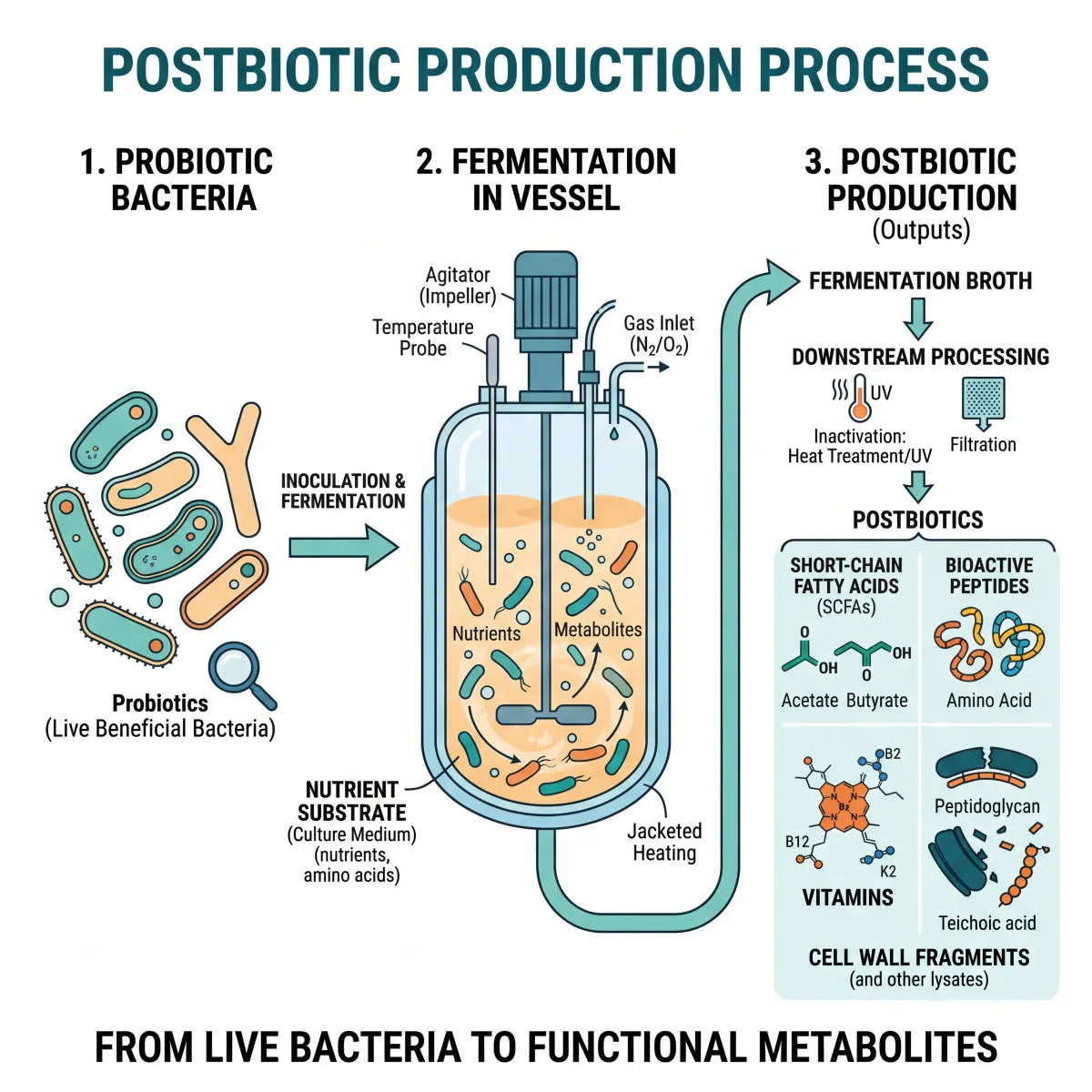 Diagram illustrating how postbiotics are produced from probiotic fermentation and bacterial metabolism