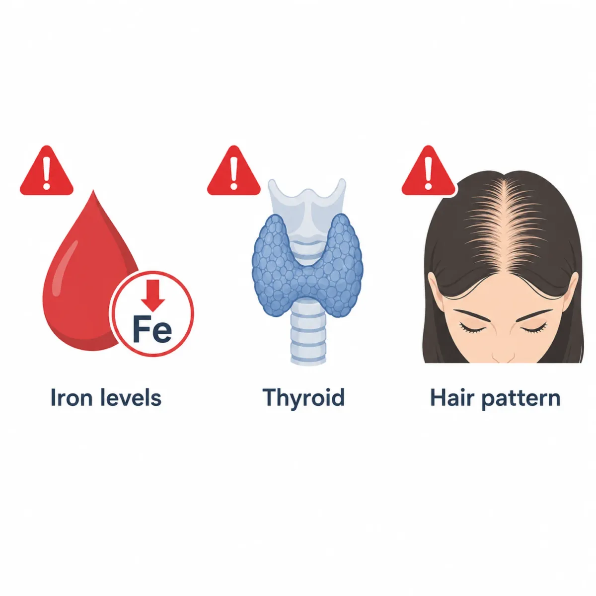 Medical illustration showing three red flags in postpartum hair loss: iron deficiency, thyroid dysfunction, and pattern hair loss