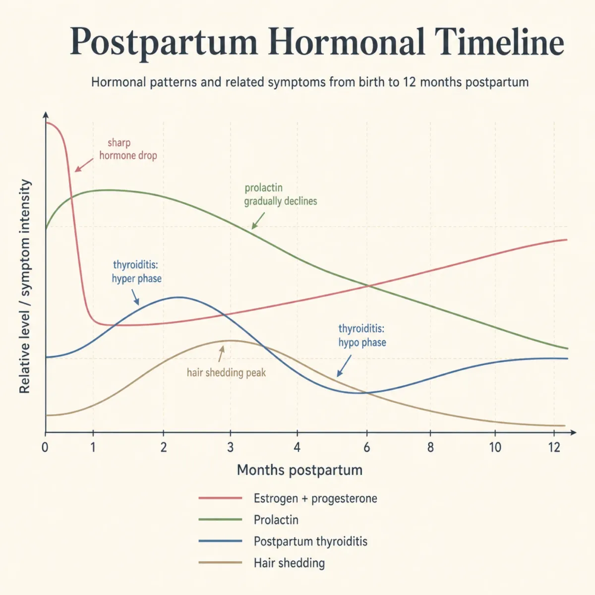 Infographic showing the postpartum hormonal timeline including estrogen and progesterone drop, prolactin decline, postpartum thyroiditis biphasic course, and telogen effluvium peak