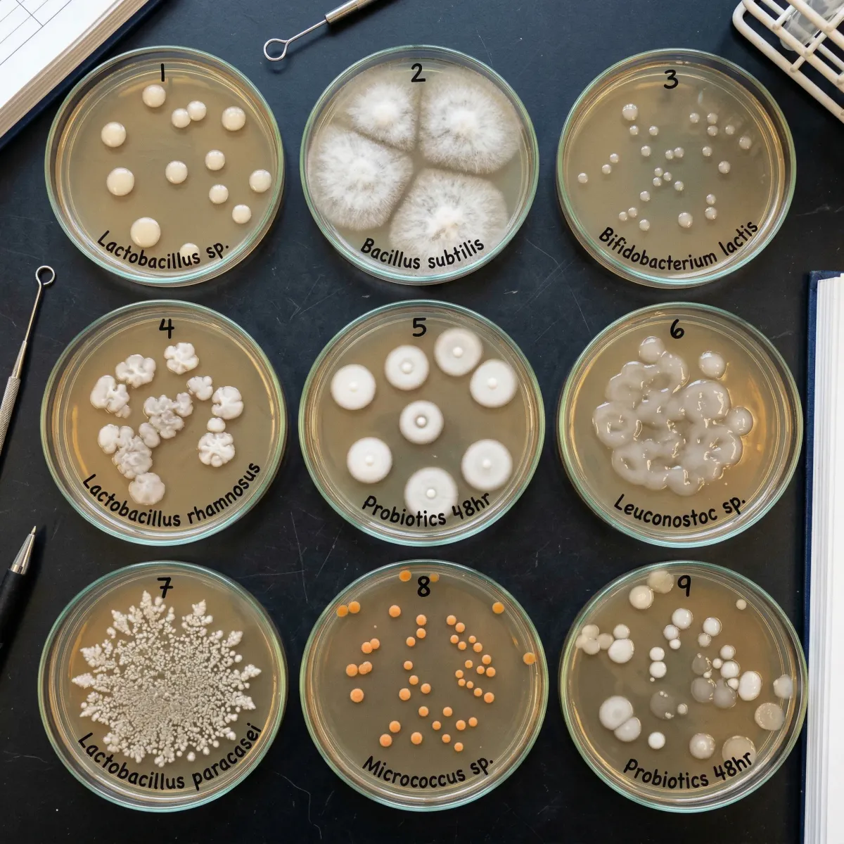 Close-up of different probiotic bacterial colonies growing on agar plates with distinct morphologies and colors
