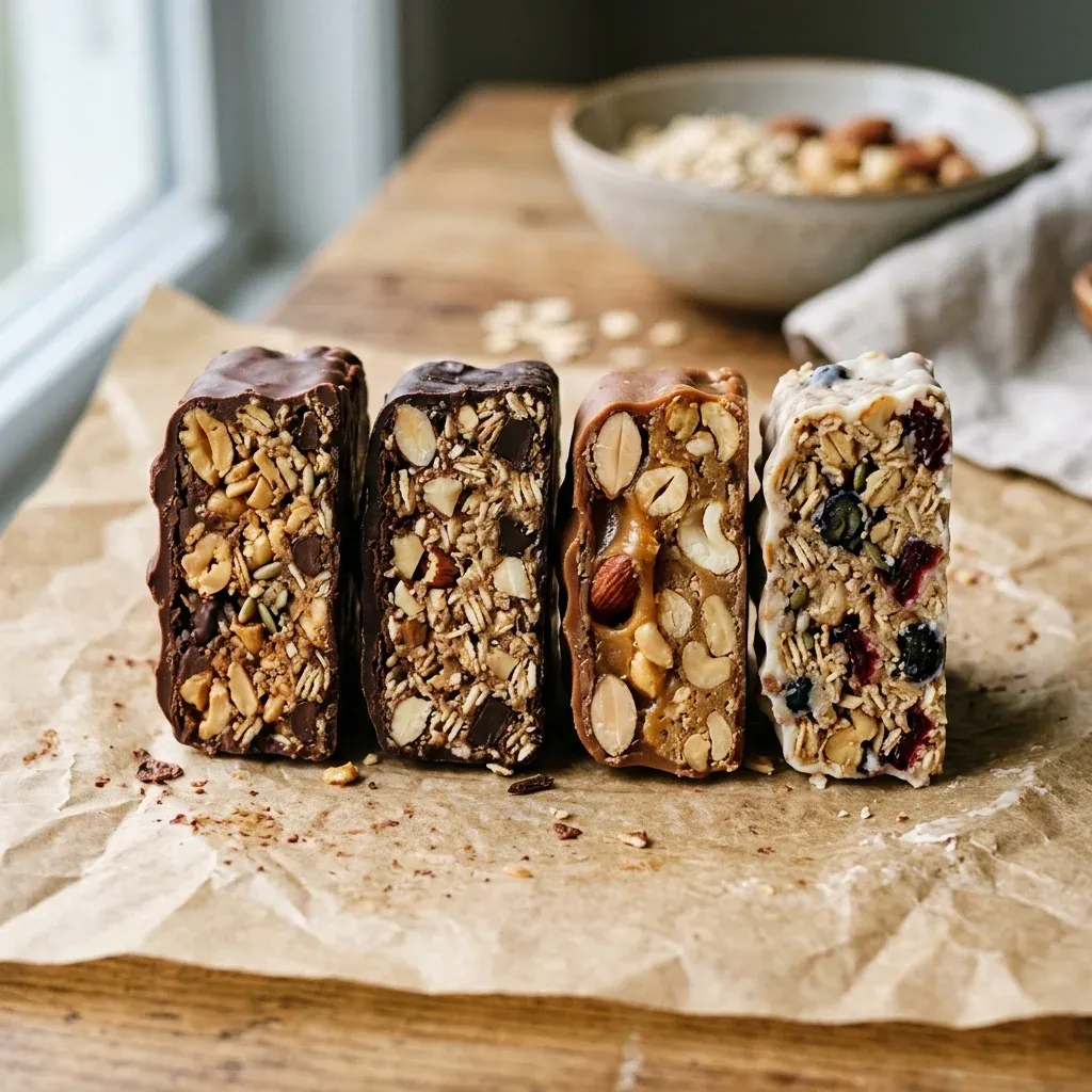 Cross-section view of various protein bars showing internal layers and textures