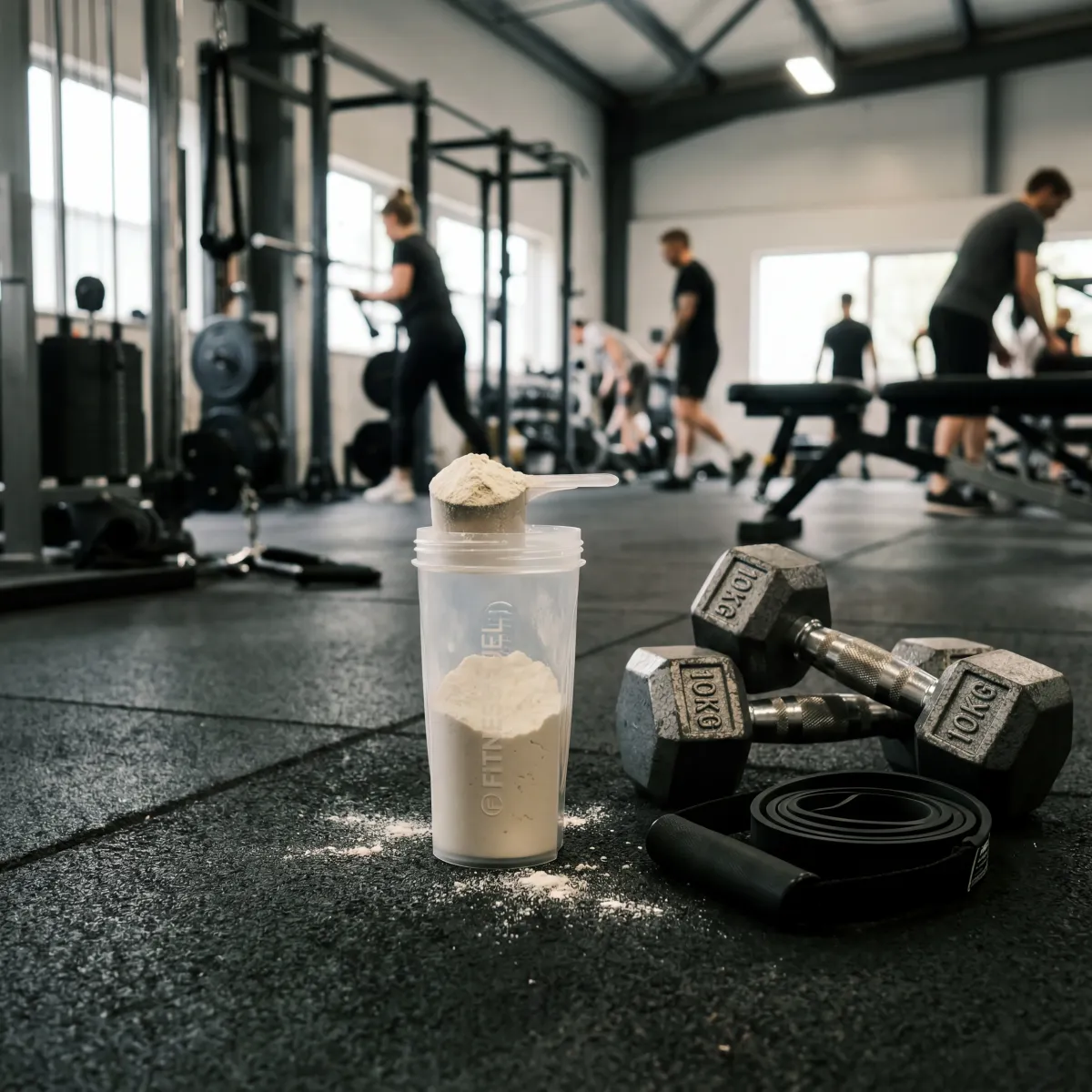 Protein powder scoop alongside dumbbells and resistance bands representing muscle-protective strategies during weight loss