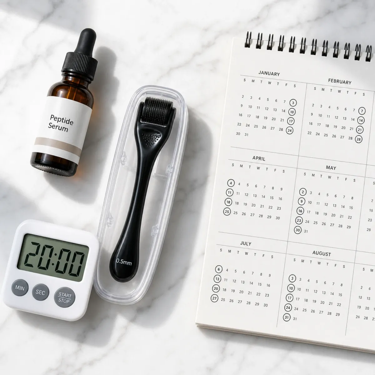 Hair loss treatment protocol items including peptide serum bottle, dermaroller, and treatment schedule