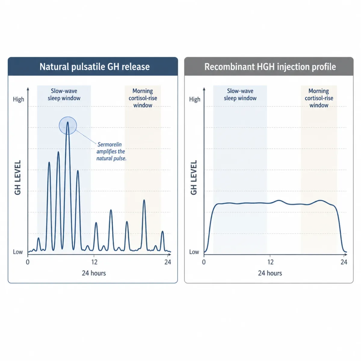 Side-by-side waveform comparison of natural pulsatile growth hormone secretion versus continuous elevation from recombinant HGH