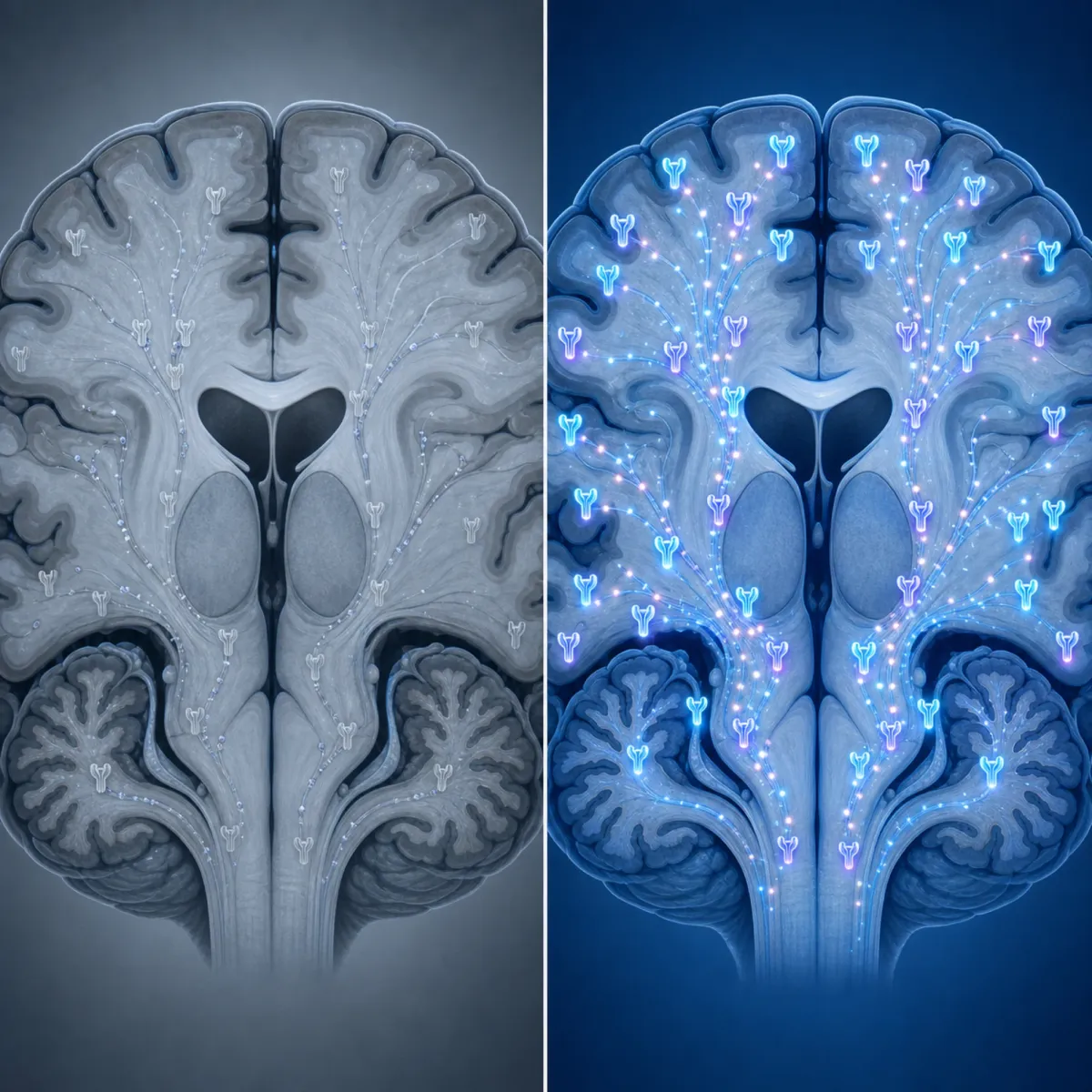 Brain illustration comparing receptor changes from benzodiazepine use versus peptide modulation