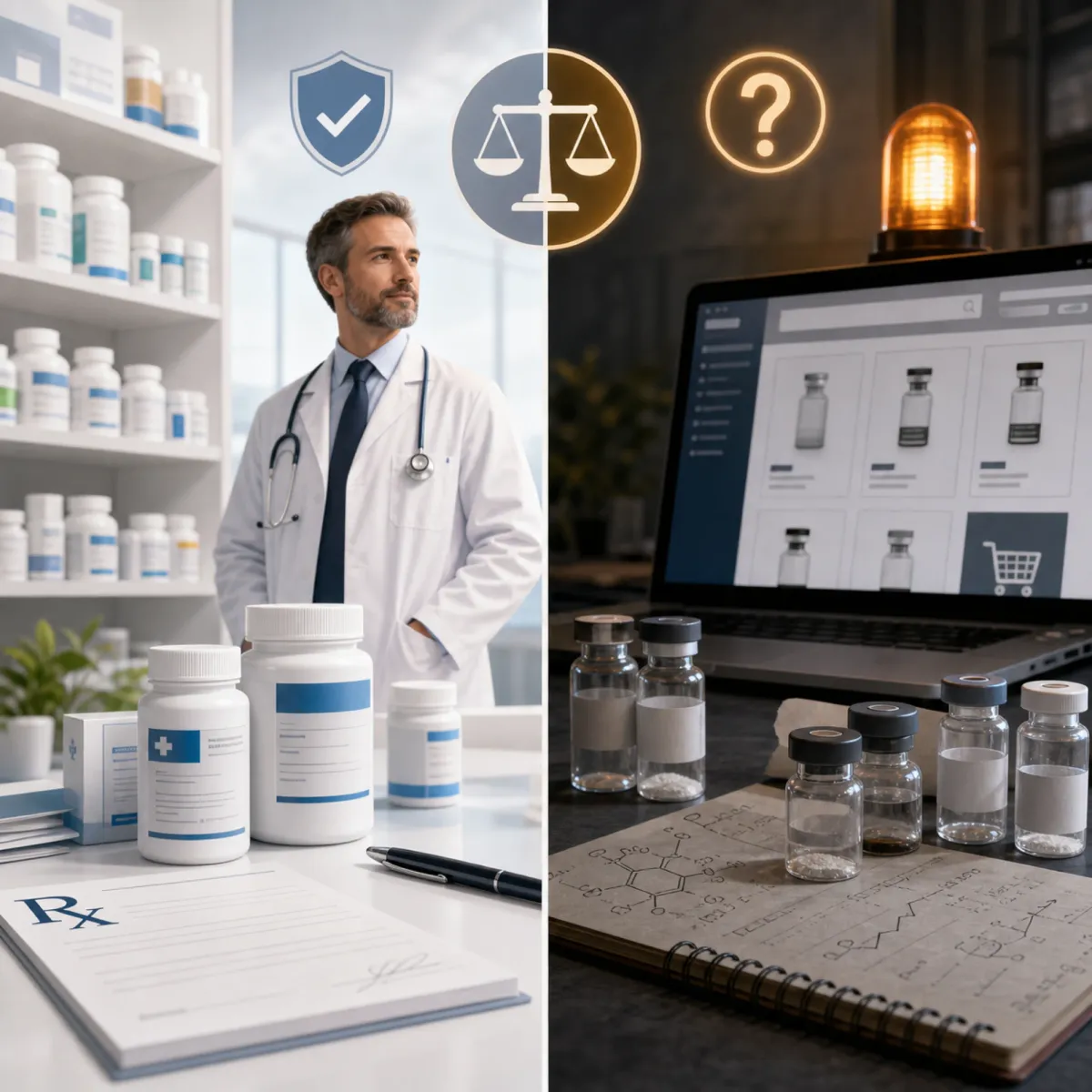 Illustration contrasting FDA-regulated pharmaceutical access with gray-market peptide purchasing