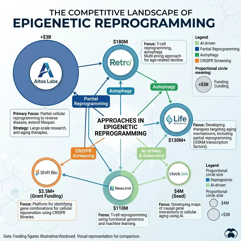 Competitive landscape of major epigenetic reprogramming and longevity biotech companies showing different approaches and funding levels