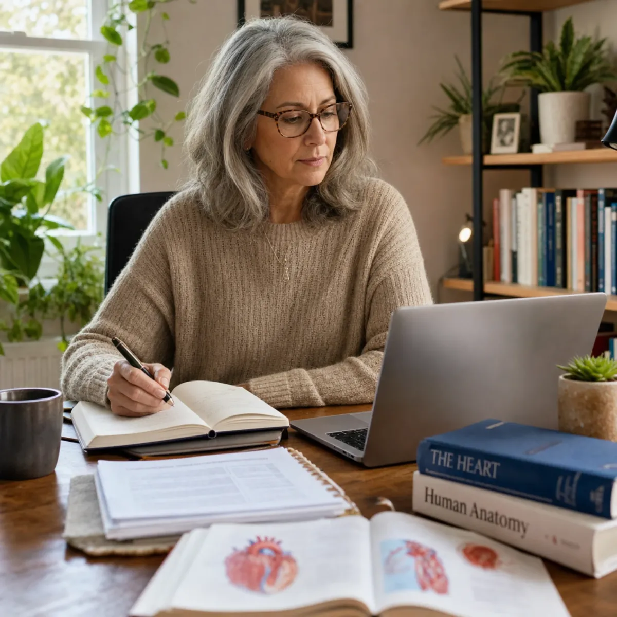 Woman researching menopause treatment options at her desk