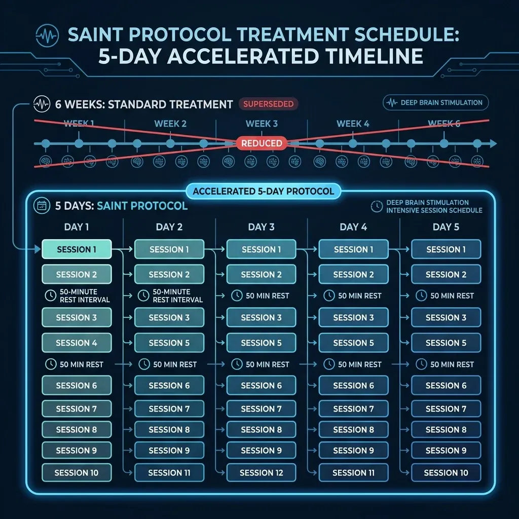 Visual timeline of the SAINT accelerated TMS protocol showing 10 daily sessions over 5 consecutive days compared to standard 6-week treatment