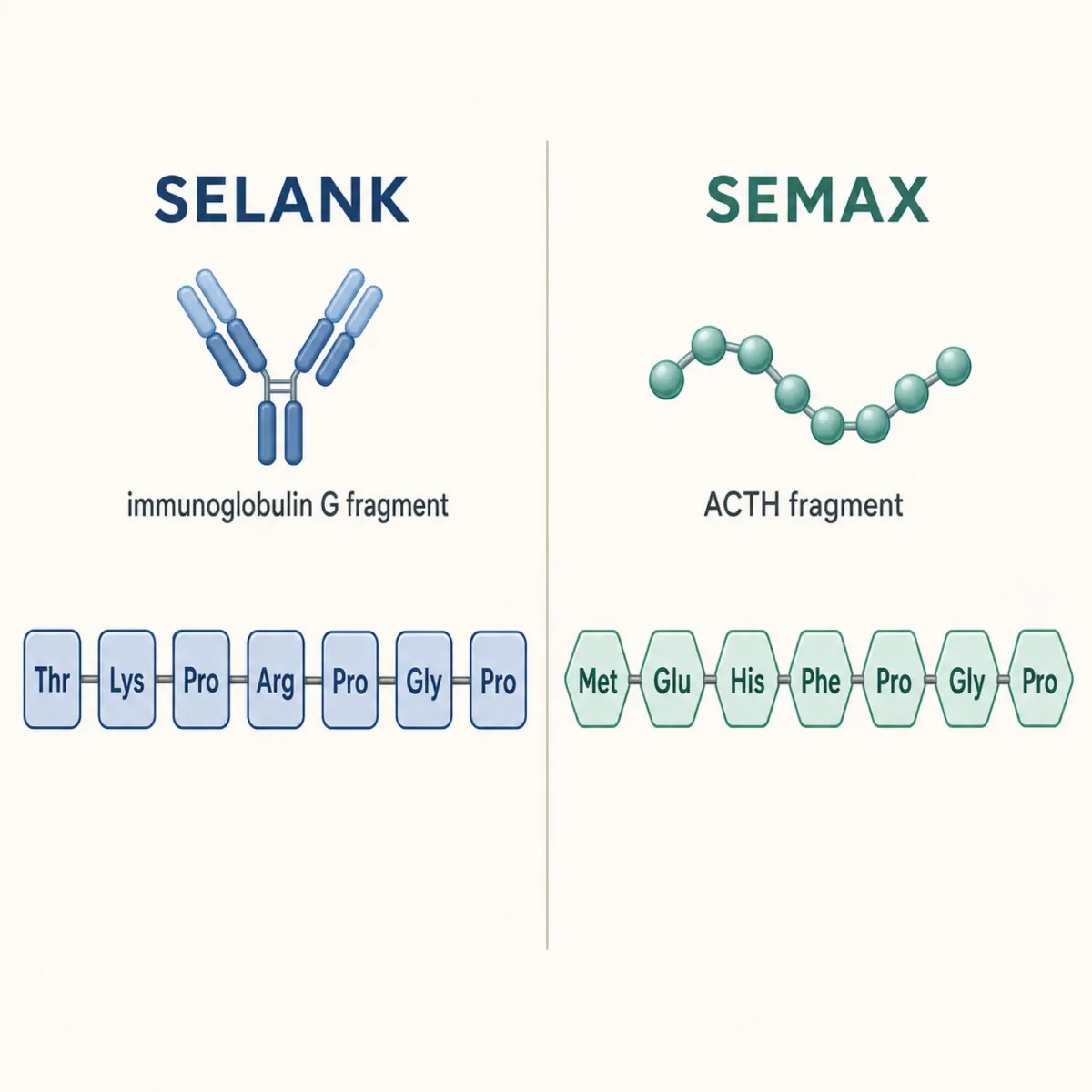Side-by-side molecular structure comparison showing Selank derived from tuftsin (Thr-Lys-Pro-Arg-Pro-Gly-Pro) and Semax derived from ACTH(4-10) (Met-Glu-His-Phe-Pro-Gly-Pro)