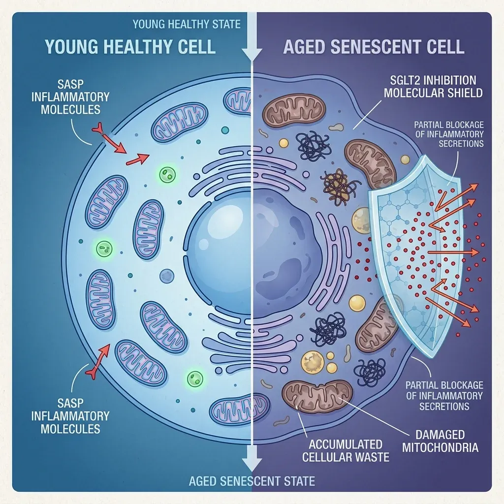 Comparison of healthy cell versus senescent zombie cell showing SASP inflammatory secretions partially blocked by SGLT2 inhibition