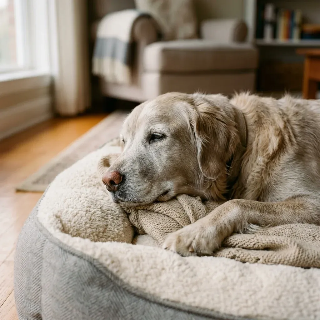Senior golden retriever resting comfortably on a dog bed