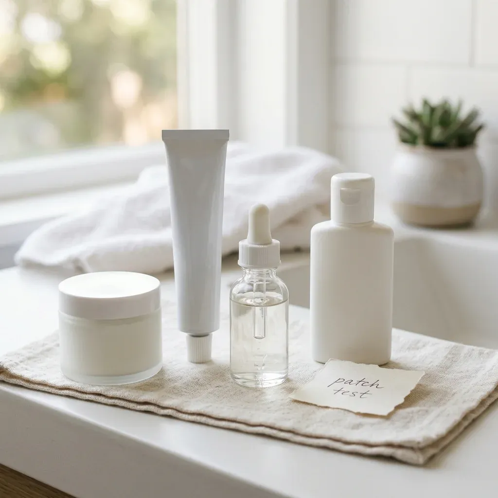 Sensitive skin routine with moisturizer retinol peptide serum sunscreen and patch test note