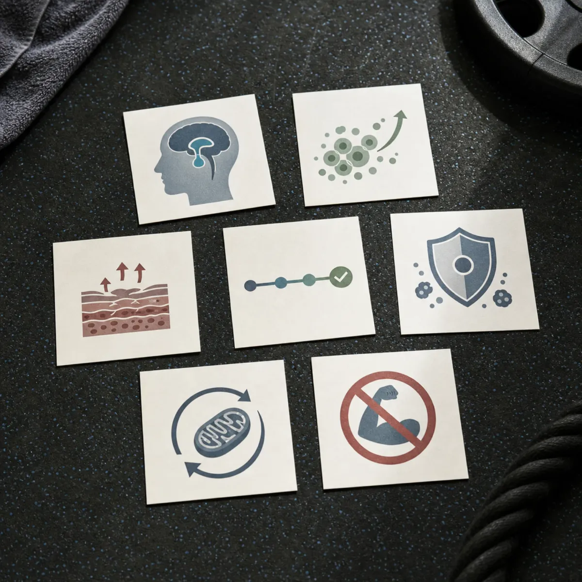 Seven evidence cards representing peptide categories discussed by bodybuilders