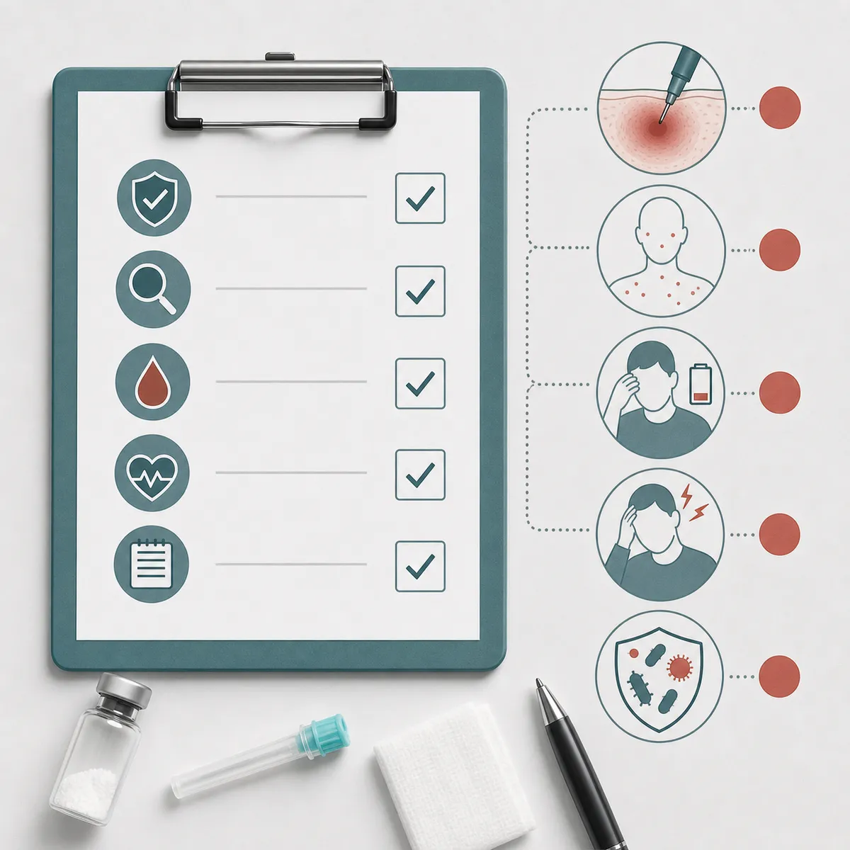 Safety checklist illustration showing possible peptide injection monitoring categories