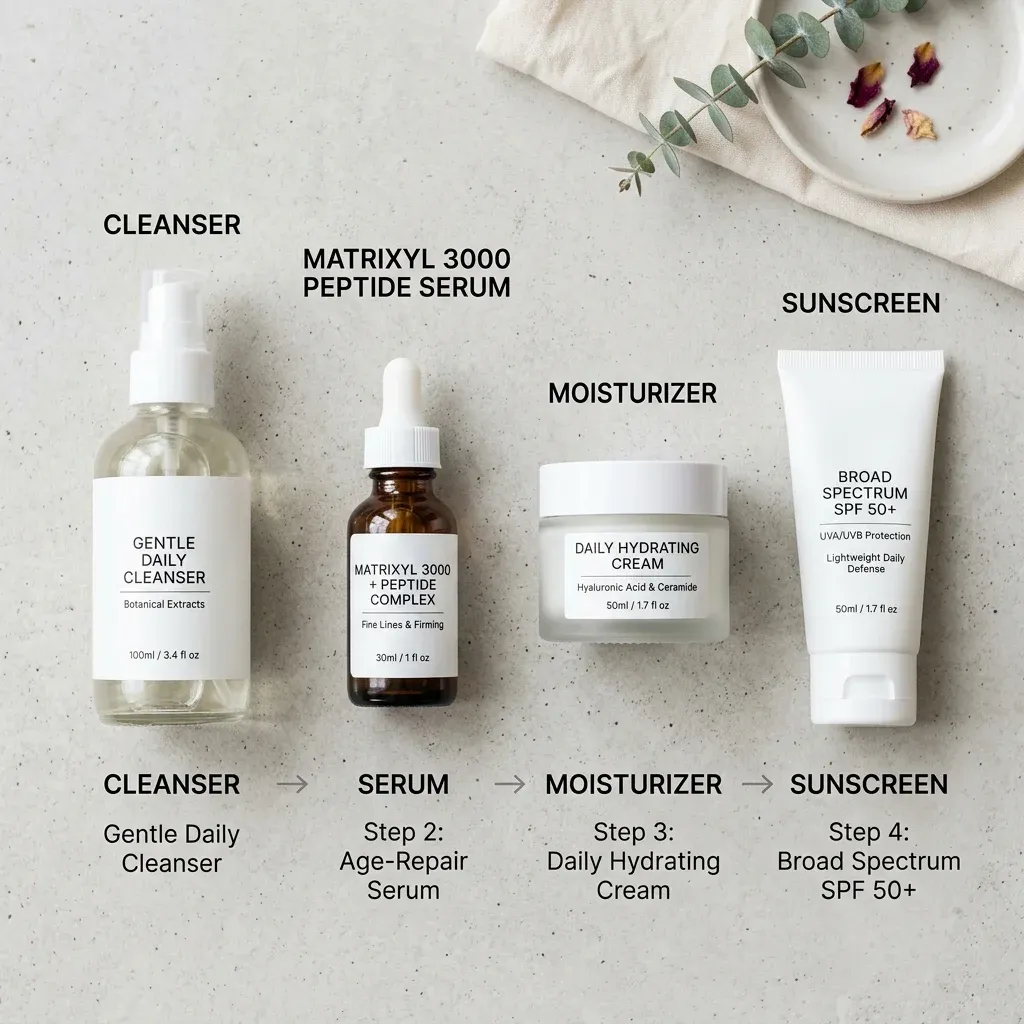 Four-step routine showing where Matrixyl 3000 serum fits