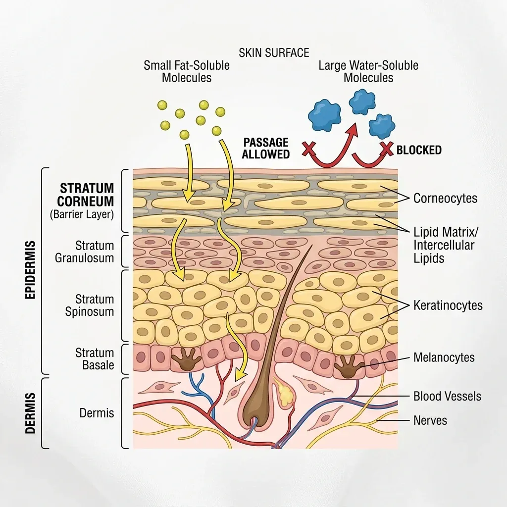 Cross-section illustration of skin showing how the stratum corneum blocks water-soluble vitamins while allowing small fat-soluble molecules to pass