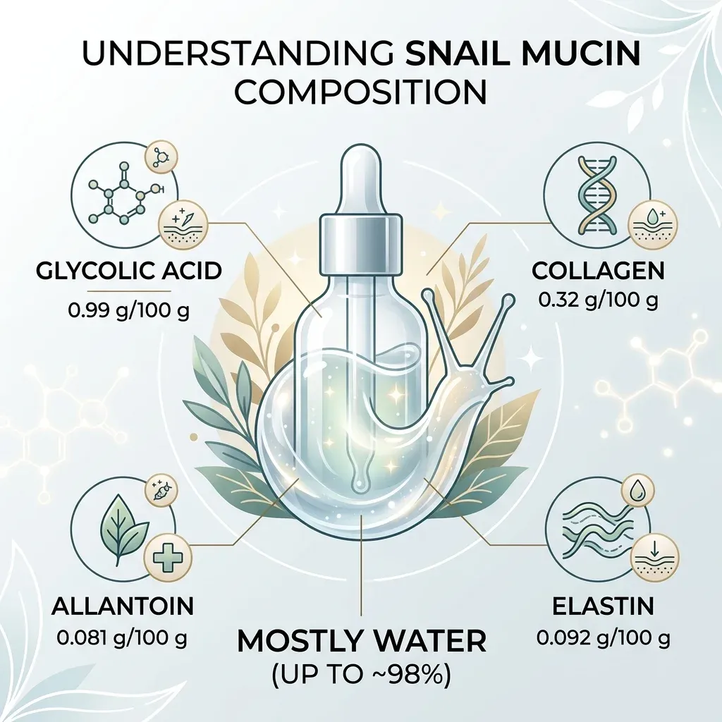 Infographic showing reported snail mucin composition values