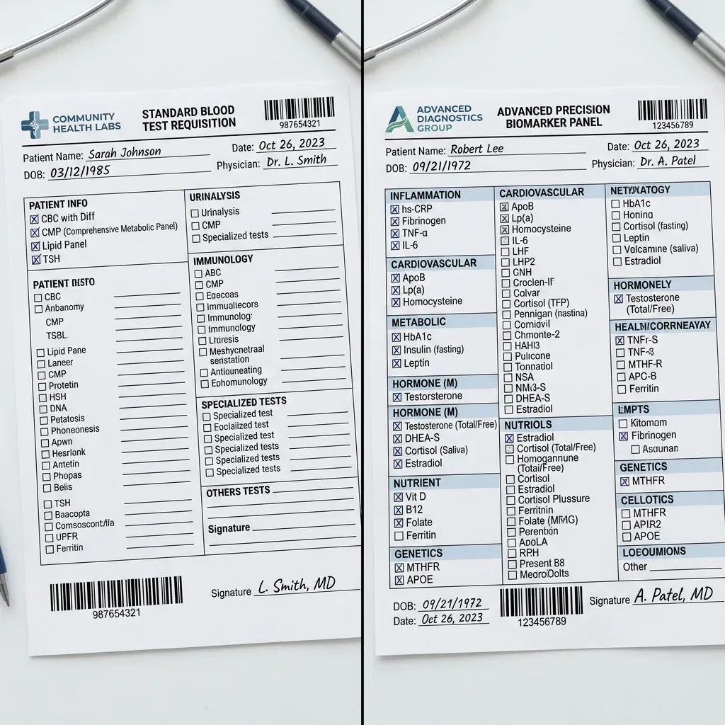 Comparison between standard blood test requisition and advanced biomarker panel showing the gap in testing comprehensiveness