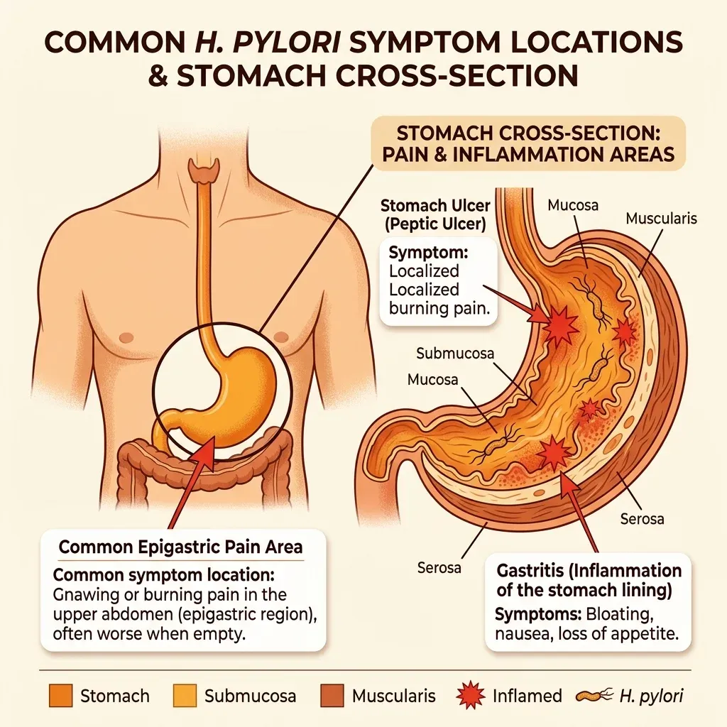 Illustrated diagram showing common H. pylori symptom locations in the upper digestive tract